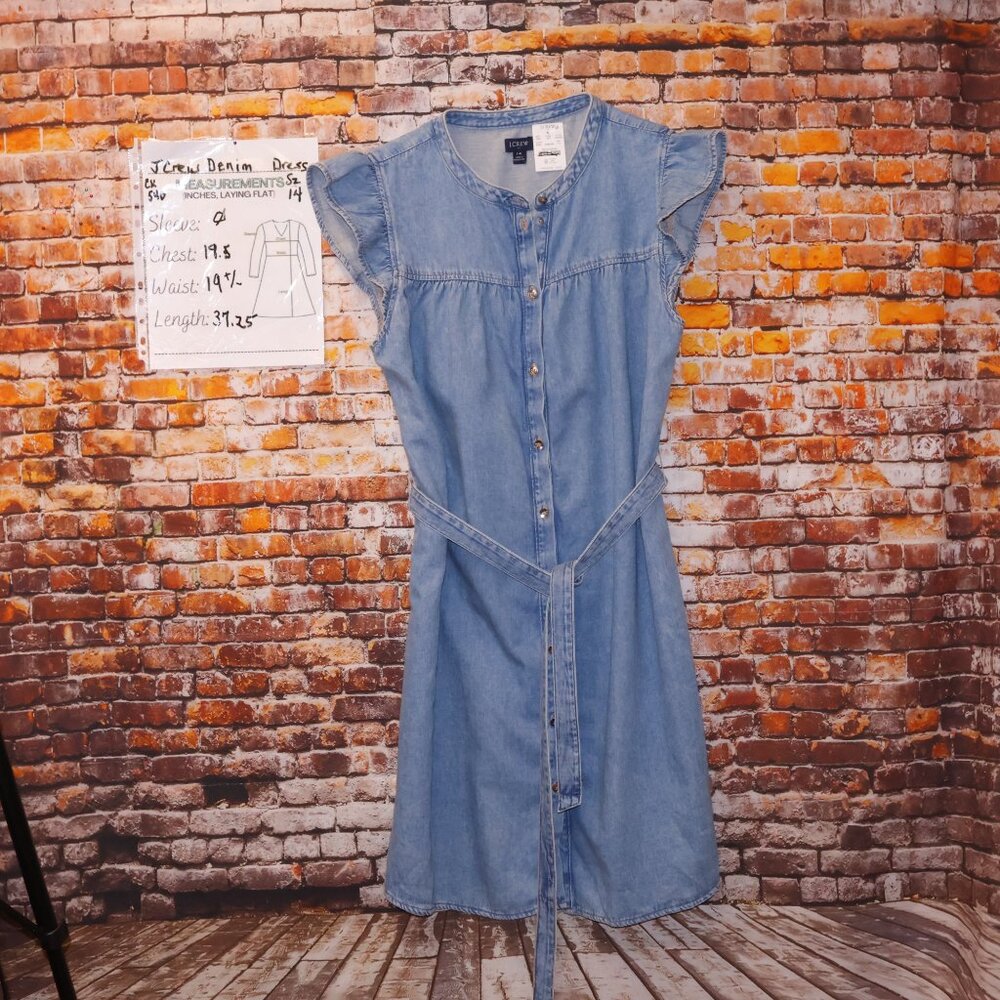 J.Crew Factory Ruffle-Sleeve Denim Mini Dress - English Blue Wash - CK540 Sz 14